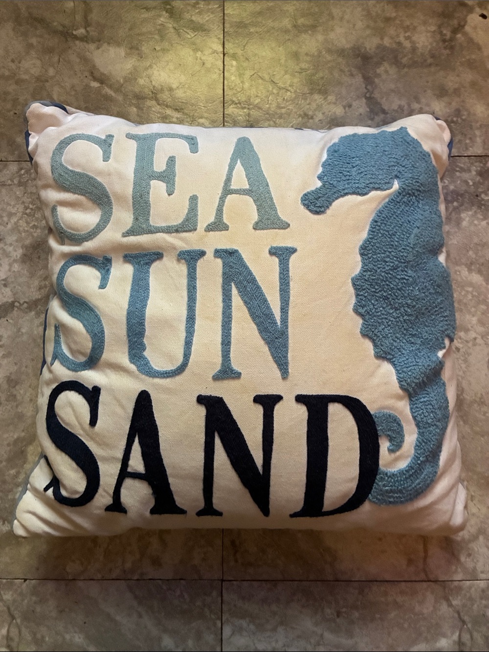 Coastal 'SEA SUN SAND' Decorative Pillow in Light Blue and Navy